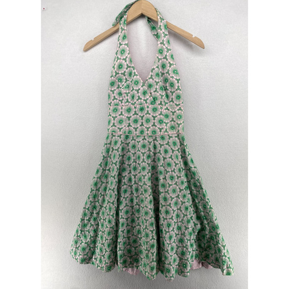 LILLY PULITZER Dress 0 Willa Floral Eyelet Halter Knee Length Cotton Green Pink - Picture 1 of 16